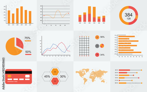 Business Infographic Elements Set with Charts, Graphs, Statistics, Data Visualization Icons and Analytics Dashboard Design