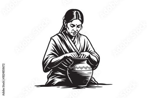 Woman crafting a clay pot with focused intensity