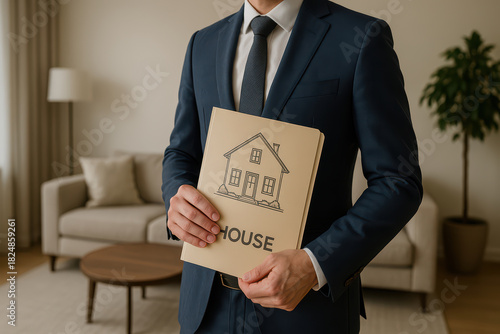 Real estate agent holding folder with house drawing, businessperson in suit presenting property concept, home buying or selling, indoor office setting with sofa and plant