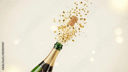 Champagne bottle with cork popping and sparkling confetti. New Year celebration and party concept on light background.