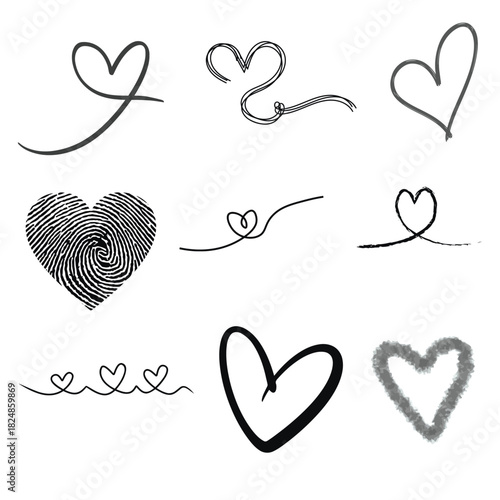 Collection of hand drawn heart shapes in various styles on white