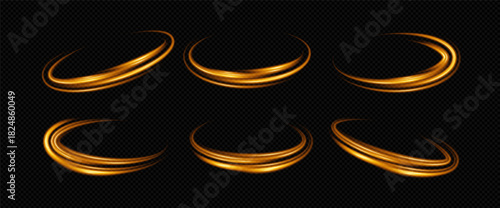 Circle png with light swoosh gold and magic. Effect yellow sparkle with line and light. Circle png charge luxury award black twist border lens flare vector shiny motion dust flash swirl round.