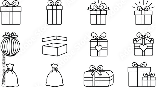 Line art collection of gift boxes and bags for holiday celebrations