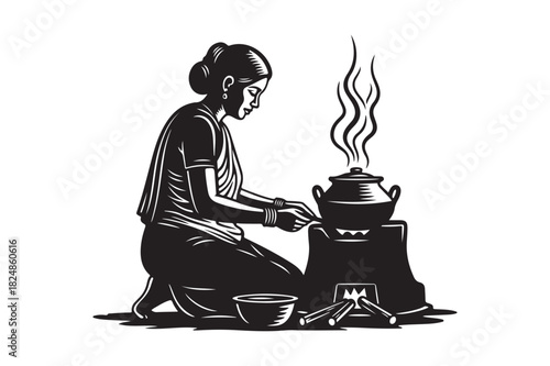 Woman cooking over traditional stove with steam rising