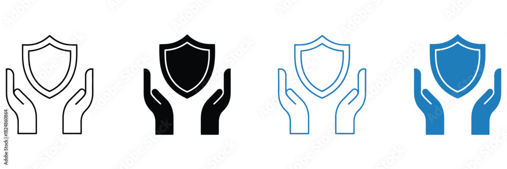 Fototapeta premium Hands holding shield icon set, representing protection, safety, secure support, reliable defense, trust assurance, and modern protective symbolism for apps, websites, branding, and digital security