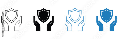 Hands holding shield icon set, representing protection, safety, secure support, reliable defense, trust assurance, and modern protective symbolism for apps, websites, branding, and digital security