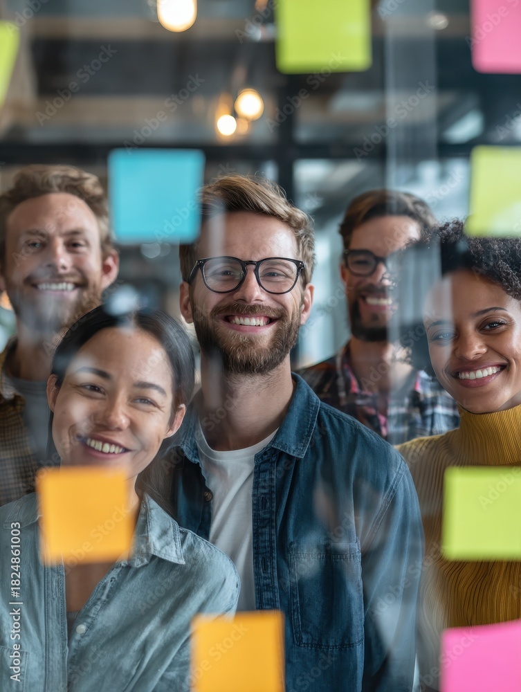 Obraz premium diverse group of smiling businesspeople brainstorming together with sticky notes on a glass wall while working in a modern office no logos no brands ar 34