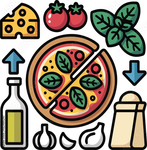 Delicious pizza ingredients, including cheese, tomatoes, garlic, olive oil, basil, and salt