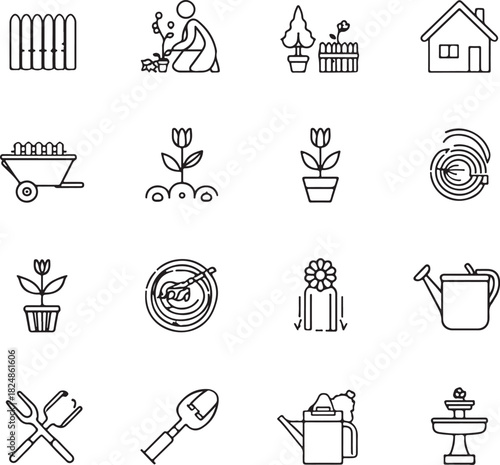 Collection of gardening icons including plants seeds tools watering can and sun in black and white
