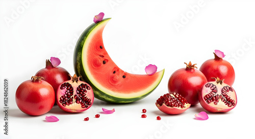 pomegranate and a watermelon in shape of a moon crescent, on white background for Yalda night celebration, winter red fruits