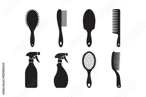 Collection of black silhouettes of hair brushes and spray bottles