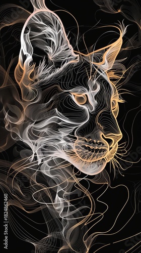 Abstract illustration of a cougar's head in profile. Vertical digital art of a feline made of flowing white and gold lines on a black background