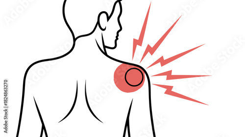 Illustration depicting a person experiencing sharp pain in their shoulder area with radiating red lines to signify discomfort and inflammation.