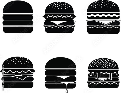 Burger icons set in black and white silhouette style for menu design