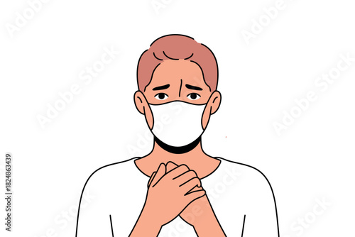 A person wearing a protective face mask clasps their hands in front of their chest, expressing concern or worry during a health crisis.