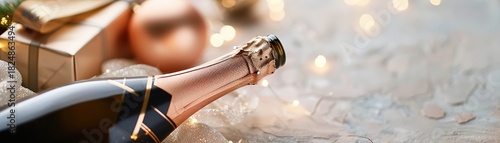 A champagne bottle sits on its side against a wide, empty background. Soft lights and festive decorations add a celebratory touch, creating a warm, inviting atmosphere for celebrations
