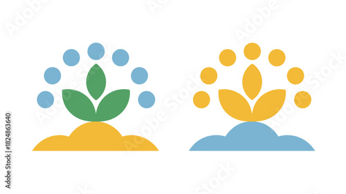 Two stylized floral icons, one in blue and green, the other in yellow and blue, represent nature and growth.