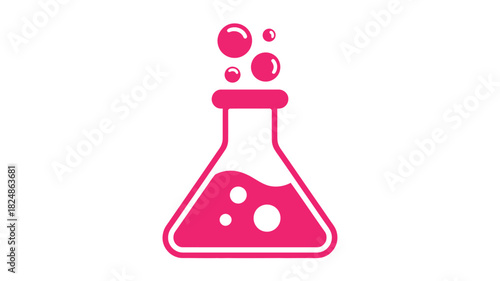 A pink laboratory flask bubbles with chemical reactions, symbolizing scientific discovery and experimentation.