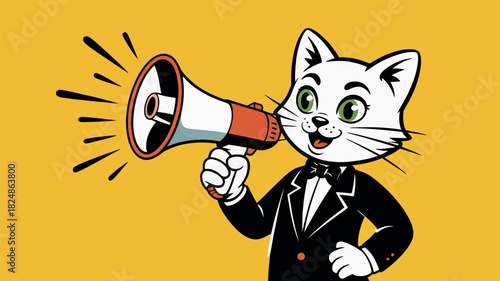 A dapper cat in a tuxedo holds a megaphone, announcing something important with a cheerful expression.