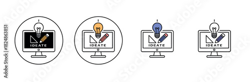 A computer screen displays design tools, a lightbulb above symbolizing a new idea or inspiration.