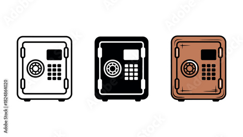 Three stylized depictions of a security safe are shown in white outline, solid black, and a brown rendered style, representing security and protection options.