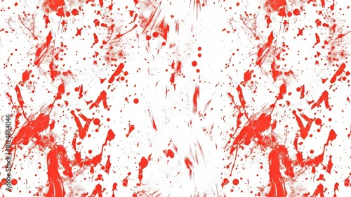 Red blood splatter texture on a white background. Abstract horror design with messy paint splashes for a crime or halloween concept