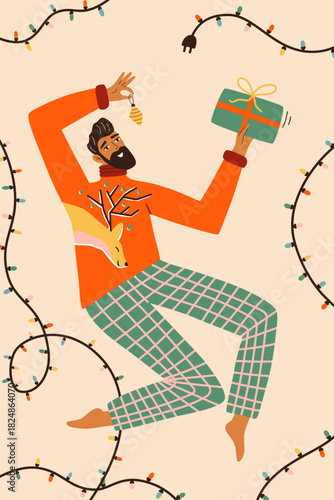 Christmas vector card. A man with a garland and a gift is getting ready for the holidays. Funny cartoon illustration