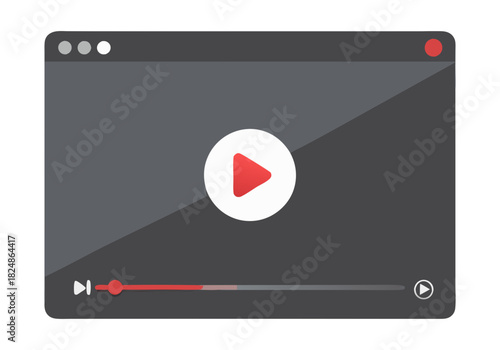 Minimalistic video player interface with a large red play button centered on a dark screen