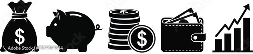 Black and white financial icons representing money savings and investment growth