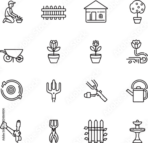 Gardening tools and equipment icons set – solid style horticulture, landscaping, and home gardening symbols: watering can, rake, trowel, compost bin, seedlings, gloves, fertilizer,
