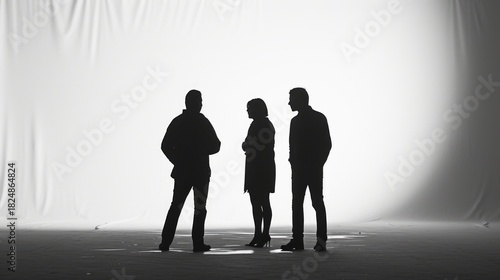 Silhouettes of three people in a business conversation. A group of colleagues talking against a brightly lit white background. Corporate teamwork and communication concept