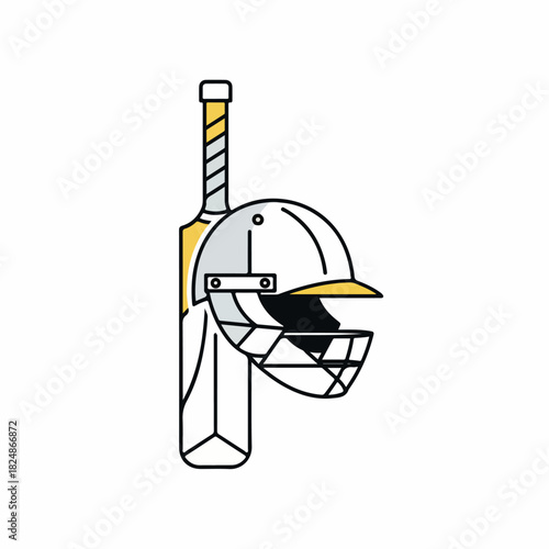 Cricket sports equipment, including a helmet and bat, depicted in a minimalist flat illustration style