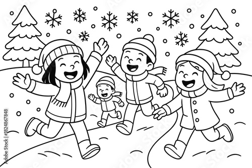 Winter Path Playtime. Snow day fun children’s coloring book illustration, outlined drawing, children throwing