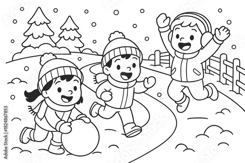 Winter Fun Coloring Page. Winter friends play children’s coloring book illustration, outlined drawing,