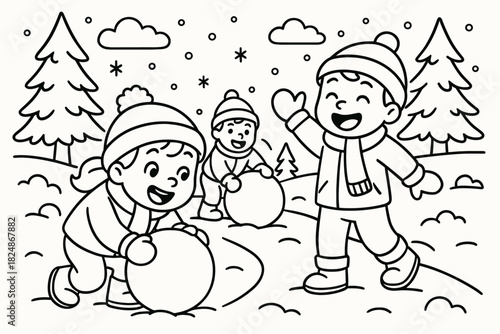Children Snowball Fun. Winter snow fun children’s coloring book illustration, outlined drawing, children