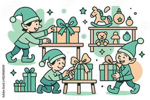 Elves' Festive Workshop. Festive preparation. Elves arranging presents on tables, wrapping and tying bows,