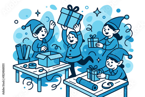 Elves Wrapping Presents. Elves wrapping presents in the workshop. Small cheerful elves placing colorful gifts
