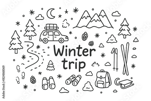 Winter Adventure Doodle. Winter trip. Hand-drawn doodle illustration of Winter trip. Car, road, trees,