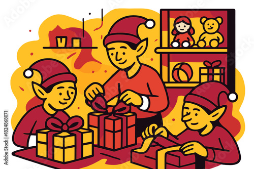 Elf Gift Workshop. Elf gift assembly. Focused elves wrapping presents, tying bows, cozy workshop interior with