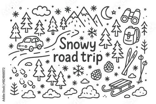 Snowy Adventure Doodles. Snowy road trip. Hand-drawn doodle illustration of Snowy road trip. Car, road, trees,