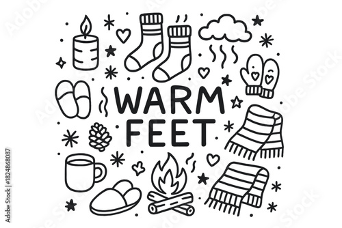 Cozy Winter Essentials. Warm Feet. Hand-drawn doodle illustration of Warm Feet. Socks, candles, steam, hearts,