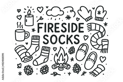 Cozy Fireside Doodles. Fireside Socks. Hand-drawn doodle illustration of Fireside Socks. Cozy socks, candles,