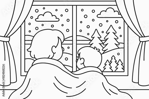 Winter Snuggle Coloring Page. Winter wonder view children’s coloring book illustration, outlined drawing,