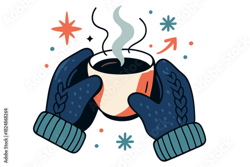 Cozy Coffee Moment. Hands in warm gloves holding coffee cup. Elegant mittens with knit textures, steaming cup,