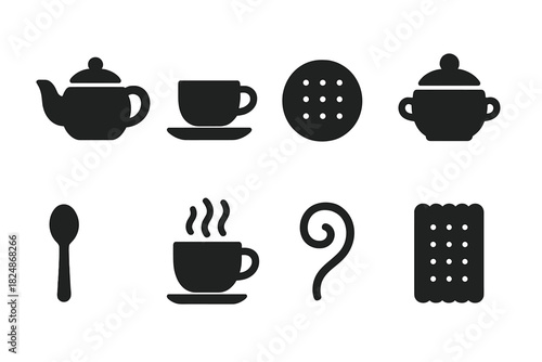Tea Party Icons. Tea Party. Filled icon set of Tea Party: teapot, cup, saucer, cookie, sugar bowl, spoon,