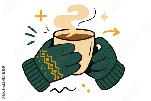 Stylish Winter Coffee Moment. Fashionable gloves holding coffee. Stylish knitted gloves gripping warm cup,