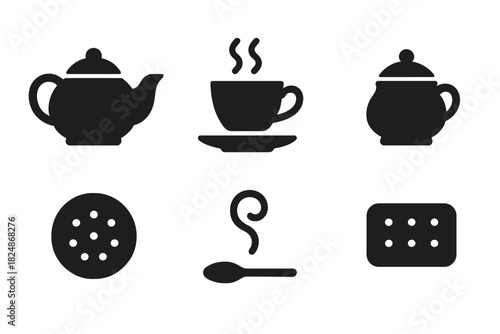 Cozy Tea Icons. Cozy Tea. Filled icon set of Cozy Tea: teapot, cup, saucer, cookie, sugar bowl, spoon, steam