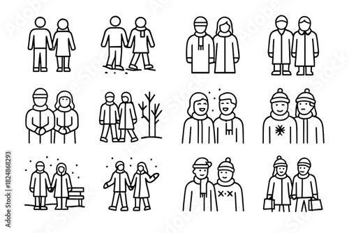 Winter Park Icons. Winter park walk. Line outline icon set of winter park walk: couple holding hands, couple