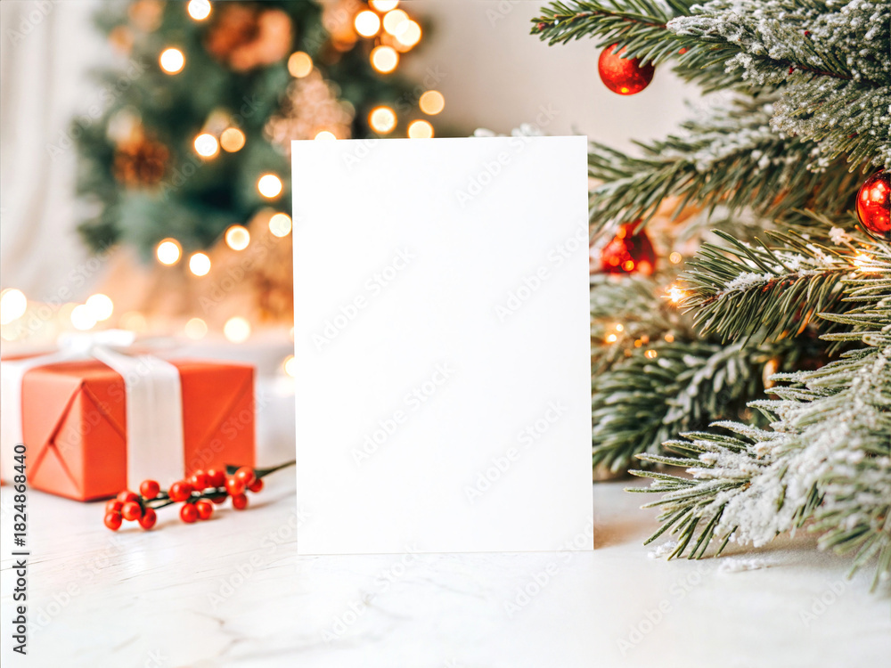 Fototapeta premium Christmas Greeting Card Mockup with Frosted Pine Branches, Red Ornaments and Festive Gift Box Scene