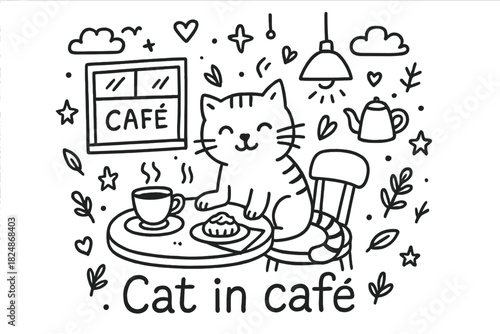 Cat Café Doodle. Cat in café. Hand-drawn doodle illustration of Cat in café. Cat, coffee cup, café window,